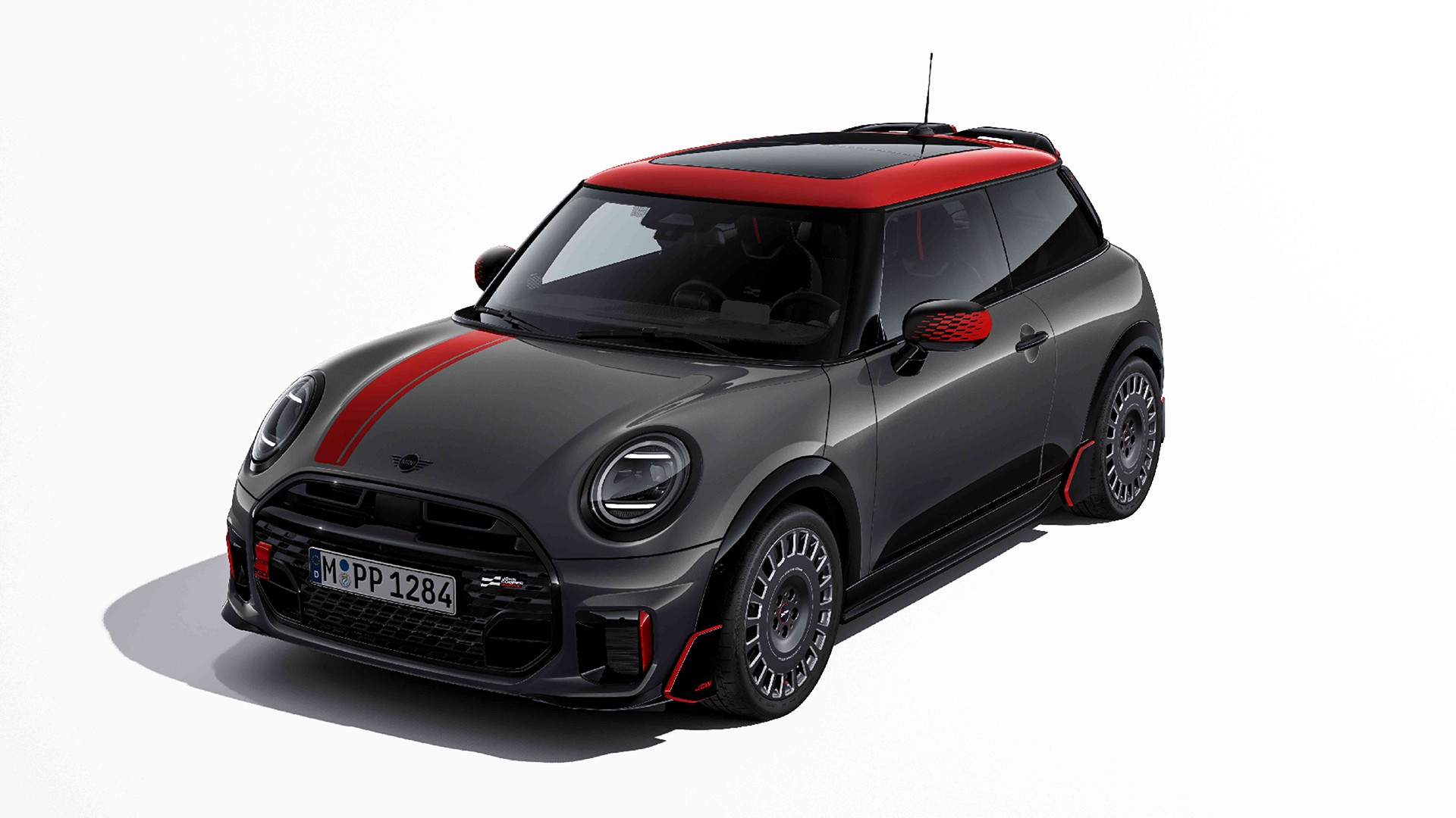 Overhead front view of MINI Convertible sporting John Cooper Works decals in Chili Red.